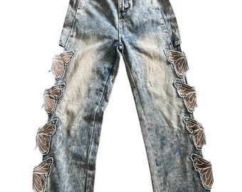 Dleepy Town Butterfly Side Tap Baggy Fit Denim Pants