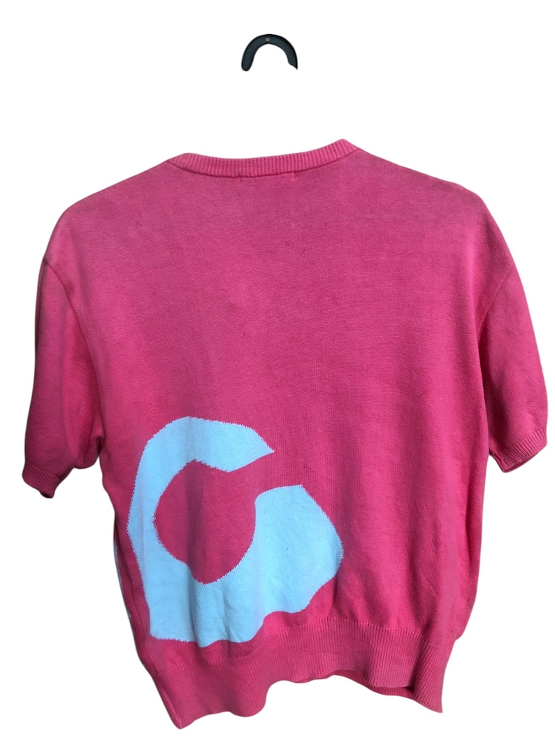 May include: A short-sleeved, coral-colored sweater with a white graphic on the back. The sweater is hanging on a black hanger. The graphic is a stylized letter "G".