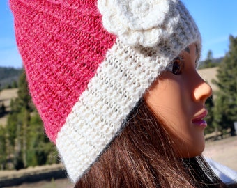 Knitted Alpaca Hat with Flower Bow/100% Alpaca Hat with Flower Bow