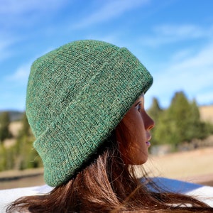 May include: A close-up of a person wearing a green knit beanie. The person is looking off to the side and has long brown hair.