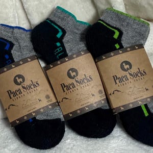 May include: Three pairs of gray, black, and blue ankle socks with the text "Paca Socks" on the packaging. The socks have accents of blue, green, and black. The socks are made of alpaca fiber.