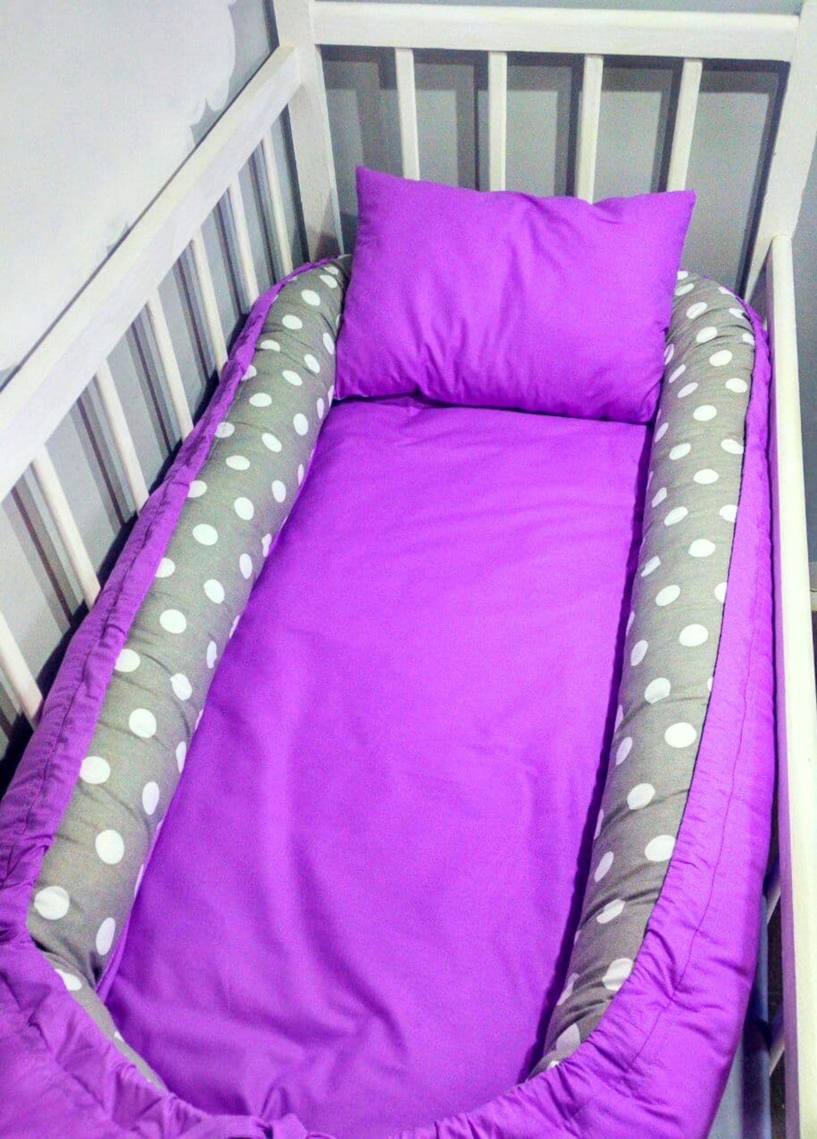 Purple baby nest bed gray polka dot baby lounger baby sleeper Etsy