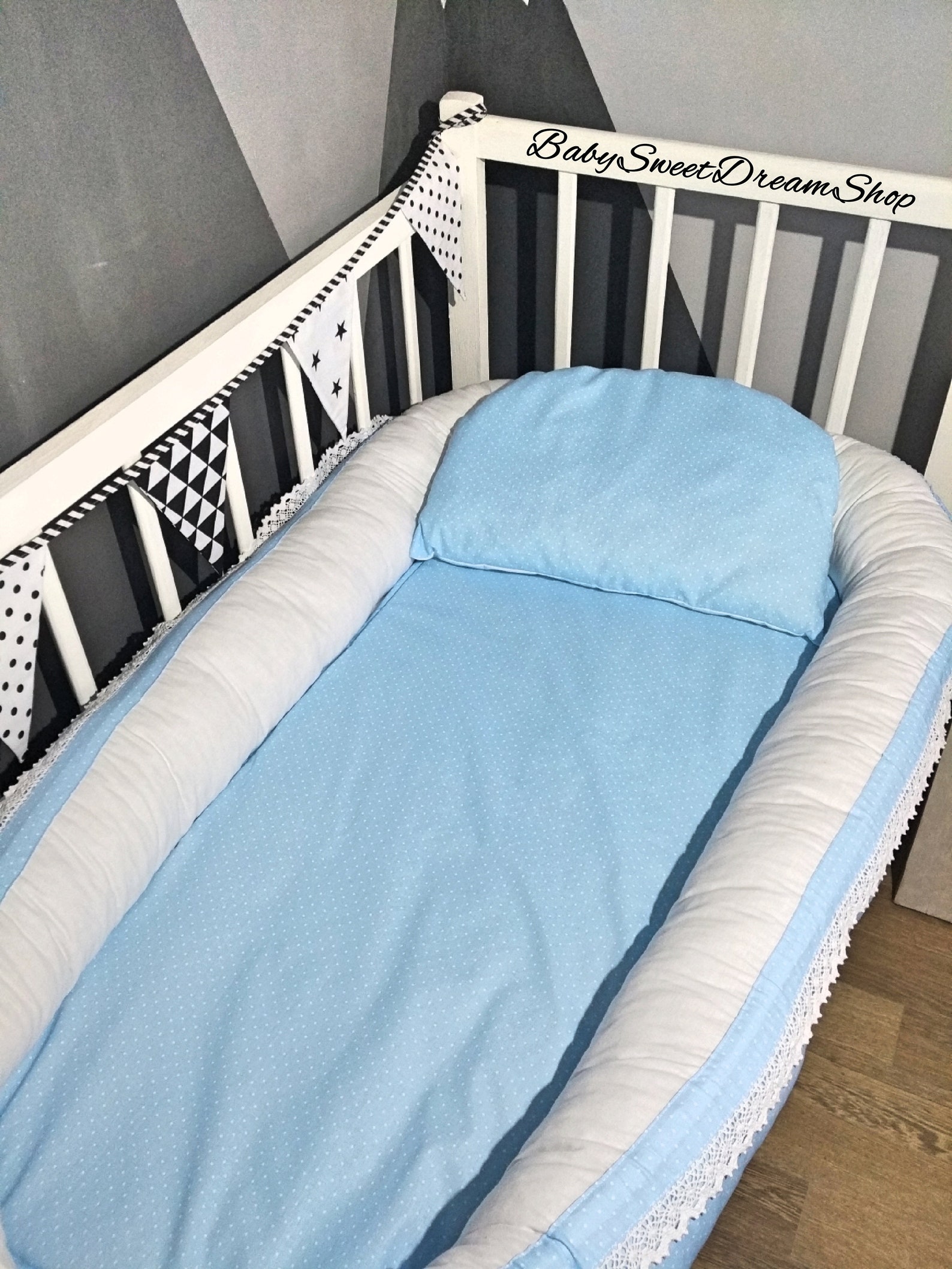 Blue baby nest bed with white lace and pillow Etsy
