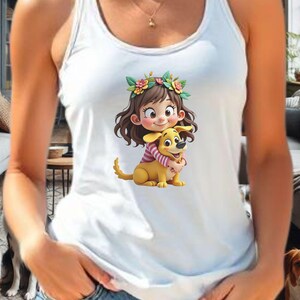 Cartoon Girl with Dog  Racerback Tank Shirt, Women's Cute Graphic Tee Top, Animal Lover Gift, Dog Mom Shirt, Sleeveless Tank, Dog Owner