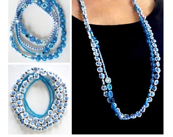 2 COLLIERS * FLEURS BLEUES * perles de rocaille Bleus Turquoise Ciel Blanc Noir