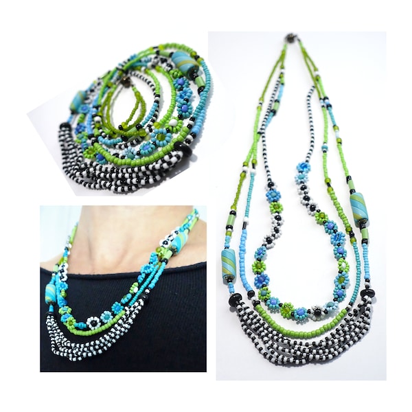 COLLIER multi rangs * CASCADE de FLEURS * en perles de rocaille Bleu, Turquoise, Vert, Noir et Blanc