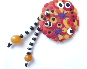 MAGNET * BLING des BULLES * Orange, Violet sur fond Rouge et perles N&B