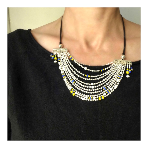 COLLIER plastron multi-rangs * REINE du NIL * argent, blanc, jaune, bleu et noir en perles rocailles