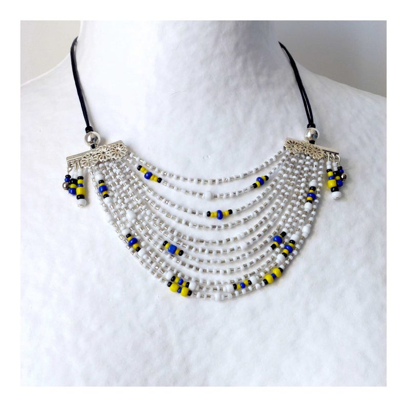 Multi-row breastplate NECKLACE QUEEN of the NILE silver, white, yellow, blue and black in rock pearls image 2