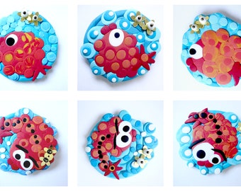 6 MAGNETS " LITTLE DANCING FISH * red blue in fimo