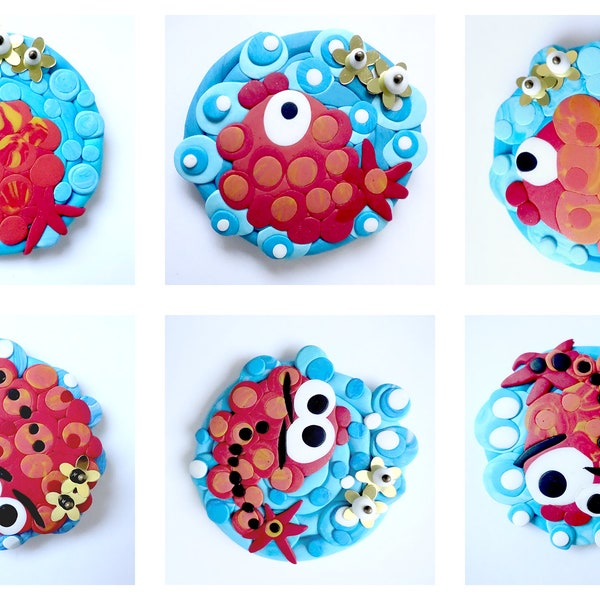 6 MAGNETS " PETITS POISSONS qui dansent * rouge bleu en fimo