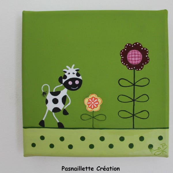 Tableau déco "Petite vache et fleurs"