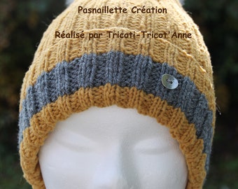 Bonnet "Côtes" 2/2 tricoté à la main et son pompon acrylique tout doux (taille Ados/Femme).