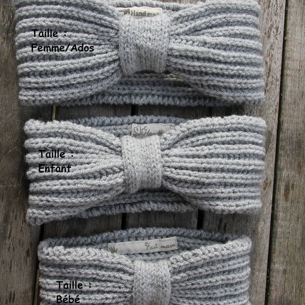 Bandeau laine en côtes anglaises gris clair tricoté à la main taille Enfant (existe en 3 tailles)