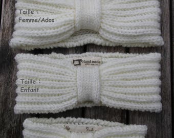 Bandeau laine en côtes anglaises blanc cassé tricoté à la main taille Bébé  (existe en 3 tailles)