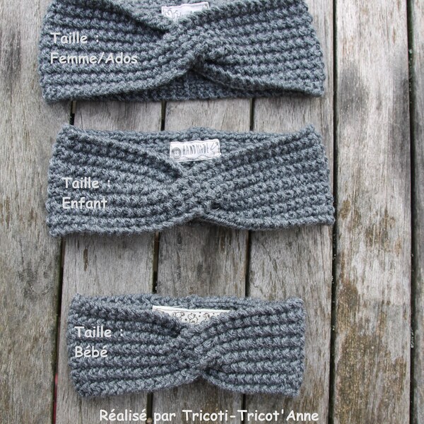 Bandeau laine en côtes fantaisies gris foncé/anthracite tricoté à la main taille ENFANT (existe en 3 tailles)