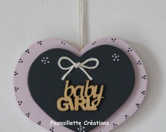 Petit cœur bois (rose tendre et gris anthracite) décoration bébé/enfant peint à la main.