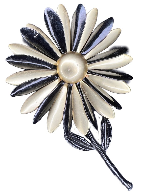 Vintage Black & Gold Enamel Floral Brooch - image 1