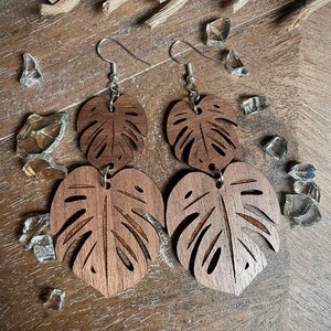 Oahu Monstera Double Leaf Walnut Wood Dangle Earrings