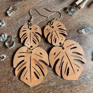 Oahu Monstera Double Leaf Cherry Wood Dangle Earrings
