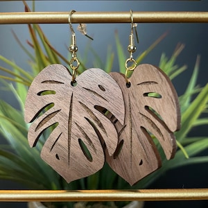 Oahu Tropical Monstera Leaf Walnut Wood Earrings