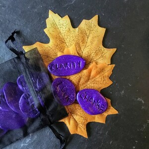 May include: Purple and black stones with the words "Clarity", "Luck", and "Change" written on them. The stones are in a black mesh bag and on top of a yellow leaf.