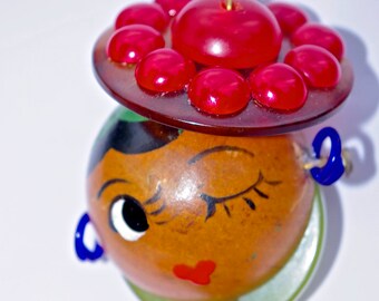 Huge Unique Vintage 1930s Bakelite Lucite and Wood Carmen Miranda Brooch Pin, Statement Piece