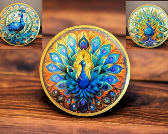 Handcrafted Peacock Wooden Knob: Blue Dresser Handle Price is per knob