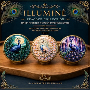 May include: Three round wooden furniture knobs featuring detailed peacock illustrations. The left knob shows a blue peacock against a moonlit sky, the center a light-colored peacock, and the right a blue peacock with purple floral accents.