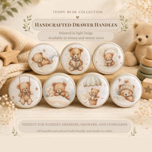 Teddy Bear Knobs: Light Beige Handles. Handcrafted knobs.