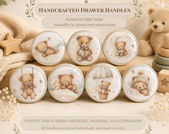 Teddy Bear Knobs: Light Beige Handles. Handcrafted knobs.