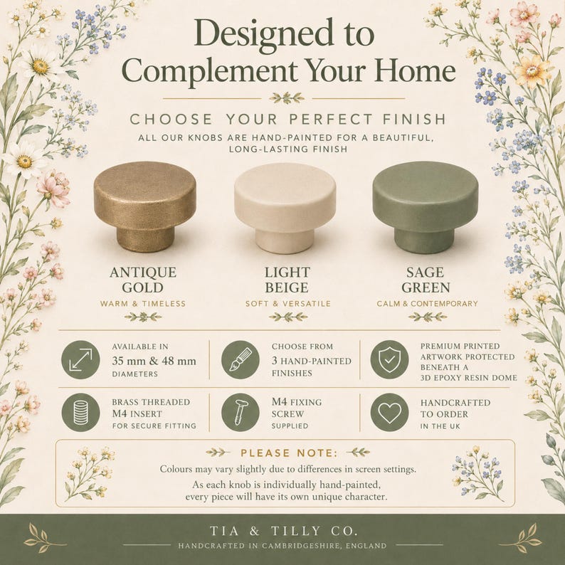 Pu&ograve; includere: Tre pomelli rotondi per mobili con finiture oro antico, beige chiaro e verde salvia. Il testo recita: Designed to Complement Your Home, Choose Your Perfect Finish, diametri 35 mm e 48 mm, vite di fissaggio M4 inclusa e Tia & Tilly Co.