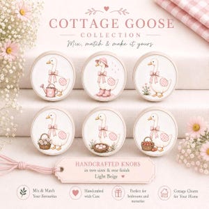 May include: Six round light beige knobs featuring illustrations of white geese with pink gingham accents. The geese are depicted with various items including a watering can, rain boots, flowers, a nest of eggs, and a basket of apples. Text reads COTTAGE GOOSE COLLECTION.