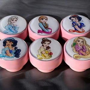 Puede incluir: Seis cajas decorativas redondas rosas con tapas blancas que presentan ilustraciones de princesas de Disney. Las princesas incluyen a Elsa, Anna, Blancanieves, Jasmine, Bella y Rapunzel. Las cajas están dispuestas en dos filas de tres.