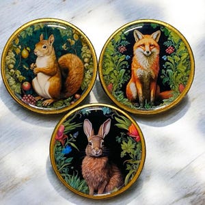 Peut inclure: Trois épingles décoratives rondes à bordure dorée sur le thème de la nature. Chaque épingle représente un animal différent : un écureuil, un renard et un lapin. Les animaux sont entourés d'une végétation luxuriante et de fleurs colorées.