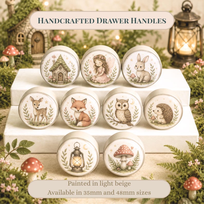 Może przedstawiać: Zestaw dziewięciu okrągłych, jasnobeżowych uchwyt&oacute;w do szuflad z ilustracjami domku, wr&oacute;żki, kr&oacute;lika, jelenia, lisa, sowy, jeża, latarni i grzyb&oacute;w. Napis Handcrafted Drawer Handles, dostępne rozmiary 35mm i 48mm.