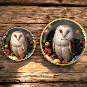 May include: Two decorative plates featuring a barn owl design. The owl is depicted with white, brown, and black feathers, surrounded by flowers and fruit. The plates have a gold rim and are set against a wooden background.