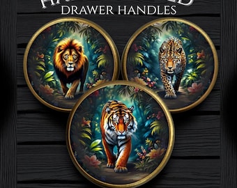 Poignées de tiroir Lion : Poignées de commode artisanales en bois, motif safari. Prix par poignée.