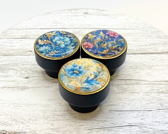 Navy Blue and Gold Drawer handles, 35mm wooden Dresser Handles, Furniture knobs, Dark Blue Knobs, Flower handles, Dresser pulls. Gold knobs.