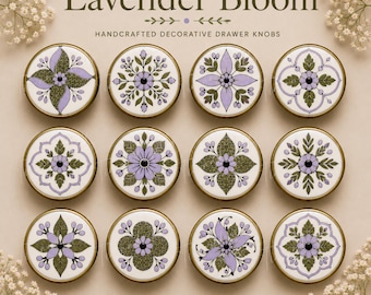 Pomelli per cassetti con motivo botanico Lavender Bloom / Maniglie per mobili artigianali / Pomelli rosa