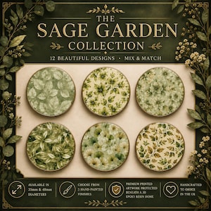 Puede incluir: La colección The Sage Garden presenta seis objetos decorativos circulares con variados patrones botánicos verdes. La imagen incluye el texto 12 beautiful designs, mix and match, y especifica diámetros de 35mm y 48mm con cúpula de resina epoxi 3D.