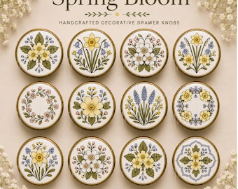 Gałki do szuflad Spring Bloom Botanical | Ręcznie robione uchwyty meblowe | Złote gałki