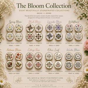 Pu&ograve; includere: La Bloom Collection mostra otto set di quattro pomelli circolari per cassetti con illustrazioni botaniche. Ogni set &egrave; etichettato con nomi come Spring Bloom, Blush Bloom, Lavender Bloom, Wildflower, Autumn Bloom, Cottage Rose, Olive Leaf e Winter Bloom, che mostrano vari motivi floreali e ispirati alla natura.