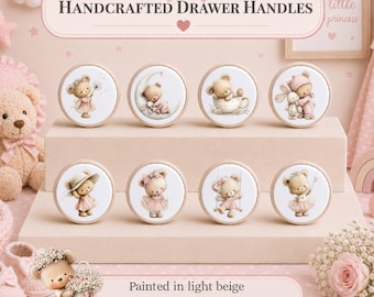 Pink Teddy Bear knobs: Light Beige Handles. Handcrafted knobs.