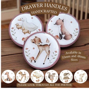 Perillas para cajón con diseño de animales del bosque en color rosa: ciervo y conejo, muebles de madera hechos a mano. El precio es por perilla.