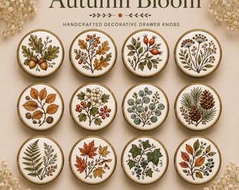Pomelli per cassetti con motivo botanico "Autumn Bloom" / Maniglie per mobili artigianali / Pomelli dorati