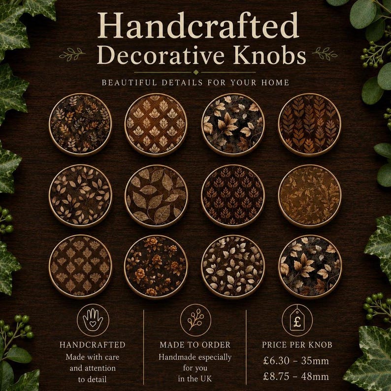 Pode incluir: Doze puxadores decorativos circulares dispostos numa grelha, cada um com padr&otilde;es bot&acirc;nicos ou geom&eacute;tricos distintos em castanho e dourado. O texto diz Handcrafted Decorative Knobs, Beautiful details for your home, Handcrafted, Made to order, e Price per knob 6,30 &pound; - 35mm, 8,75 &pound; - 48mm.