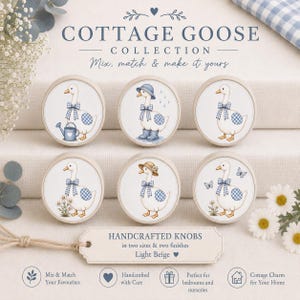 Könnte beinhalten: Sechs runde, hellbeige Knöpfe aus der Cottage Goose Kollektion, jeweils mit einer weißen Mitte und einer Illustration einer Gans mit blauer Vichy-Schleife. Die Gänse sind mit verschiedenen Accessoires wie Gießkanne, Gummistiefeln, Hut und Blumen dargestellt. Ein rechteckiges Etikett unten trägt die Aufschrift Handcrafted Knobs in two sizes & two finishes Light Beige.