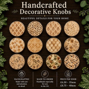 May include: Twelve circular decorative knobs arranged in a grid, each featuring a unique brown and beige botanical or geometric pattern. The text reads Handcrafted Decorative Knobs, Beautiful Details For Your Home, and lists sizes of 35mm and 48mm.