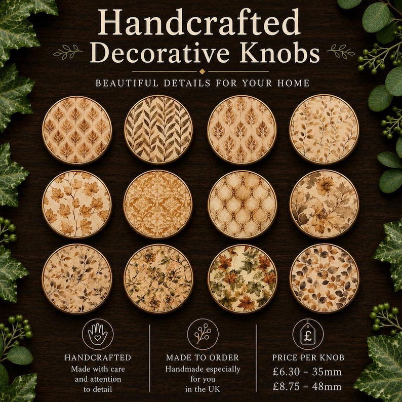 Op de afbeelding: Twaalf ronde decoratieve knoppen in een raster, elk met een uniek botanisch of geometrisch patroon in bruin- en beigetinten. De tekst luidt Handcrafted Decorative Knobs, Beautiful Details For Your Home, en vermeldt de maten 35mm en 48mm.